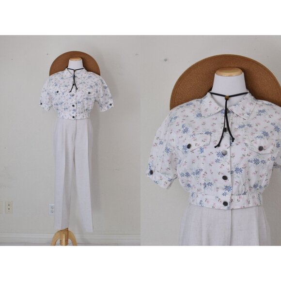 Vintage 90s Crop Floral Cotton Shirt by Jolly USA | size Medium - Picture 1 of 10